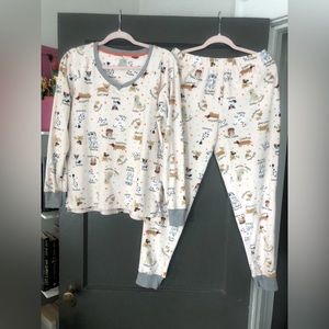 Women’s pink fleece jogger pajama set, cute dog design, size medium